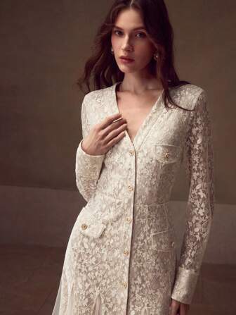 MOTF PREMIUM ELEGANTES KLEID MIT Kunstperle-DEKOR, SPITZENKONTRAST UND MESH-MEERJUNGFRAUENSAUM