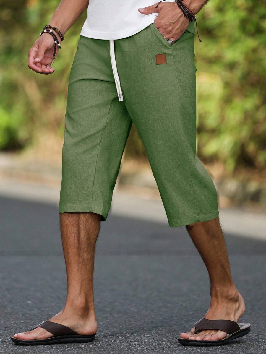 Genlund Men's Linen Casual Capri Pants With Slant Pockets, Summer - Green - View 1