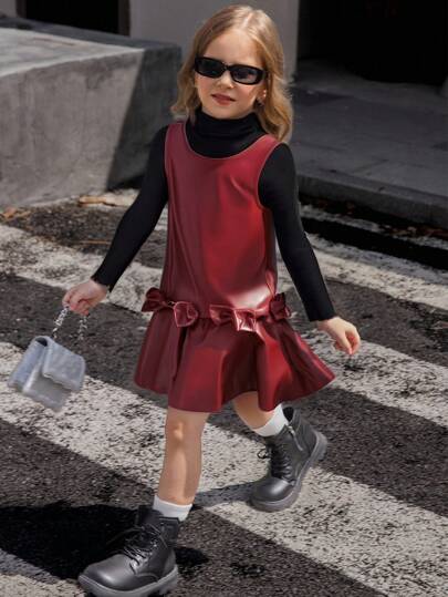 Elladie kids 年轻女孩简约黑色长袖针织圆领汗衫和酒红色 PU 皮革无袖荷叶边下摆连衣裙，腰部蝴蝶结装饰，2 件套可爱时尚服装，柔软舒适，适合秋冬季