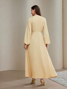 Veilorie Women's Elegant 3D Floral Decor Lantern Sleeve Dress   National Day  Modest Dresses For Women  Wedding Guest Dress Elegant   Fall Clothes For Women - Yellow - View 5