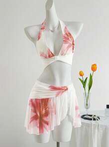 Conjunto de top corto halter con estampado floral y minifalda de cintura baja con estampado floral para mujer, estilo Y2K para salir de vacaciones, conjunto de ropa para Hawái o Ibiza - Multicolor 2 - Ver 8