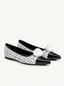 CUCCOO CHICEST Women's Flat Slip-On Shoes, Pointed Toe, Multi-Color Pearl Rose Flower Design, Elegant Outdoor Flats - Black and White - View 9