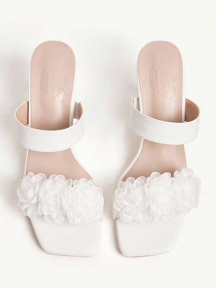 CUCCOO CHICEST Sandalias de tacón grueso transparente con correa floral para mujer, elegantes, dulces, románticas y sexys, de piel sintética blanca, adecuadas para vestidos, bodas, fiestas, tardes de té y vacaciones
