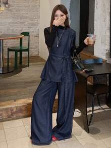 DAZY 女士日式无袖衬衫和宽松牛仔裤两件套，春秋 - 藍色 - 查看 1