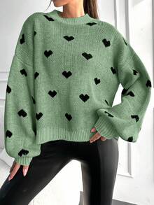 EURMUSE Heart Pattern Drop Shoulder Sweater