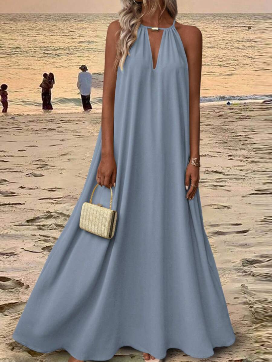 Hotletica 女式无袖镂空褶皱纯色连衣裙超长度假海滩装 - 藍色 - 查看 1