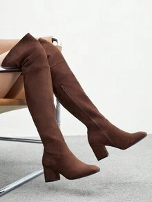 CUCCOO BIZCHIC 棕色粗跟绒面弹力过膝长靴，性感时尚欧美风，秋冬女士 - 棕色 - 查看 1