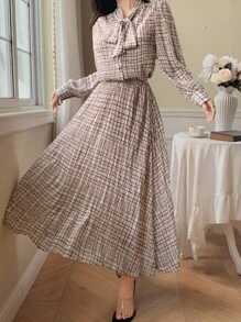 DAZY Women's Plaid Ribbon Collar Shirt And Skirt 2 Pieces Set, Autumn,Fall Women Clothes - Khaki - View 6