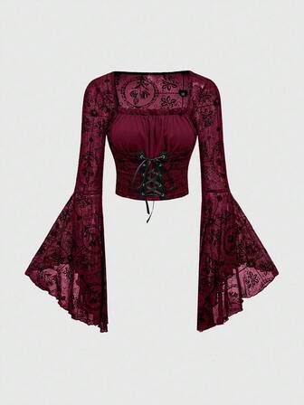 Goth Gothic Palace Style Halloween Party Flocked Cross Floral Mesh Patchwork Lace-Up Waist Women Blouse