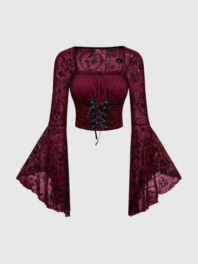 Goth Camicetta da donna in stile gotico palazzo, per feste di Ognissanti, con motivo floreale floccato, patch in rete e pizzo, con lacci in vita