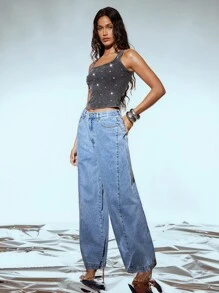 Denimoi Upside Down Pocket Hem Baggy Fit Wide Leg Denim Jeans - Medium Wash - View 4