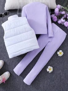 SHEIN Sparklyn Bộ 3 món áo vest cotton chần bông ấm áp, đa năng, mặc hàng ngày, thoải mái, phù hợp với mọi phong cách cho bé gái tuổi mới lớn + áo phông dài tay cổ đứng ôm vừa vặn + quần legging dệt kim gân, thời trang Thu/Đông - Màu tím - Xem 3