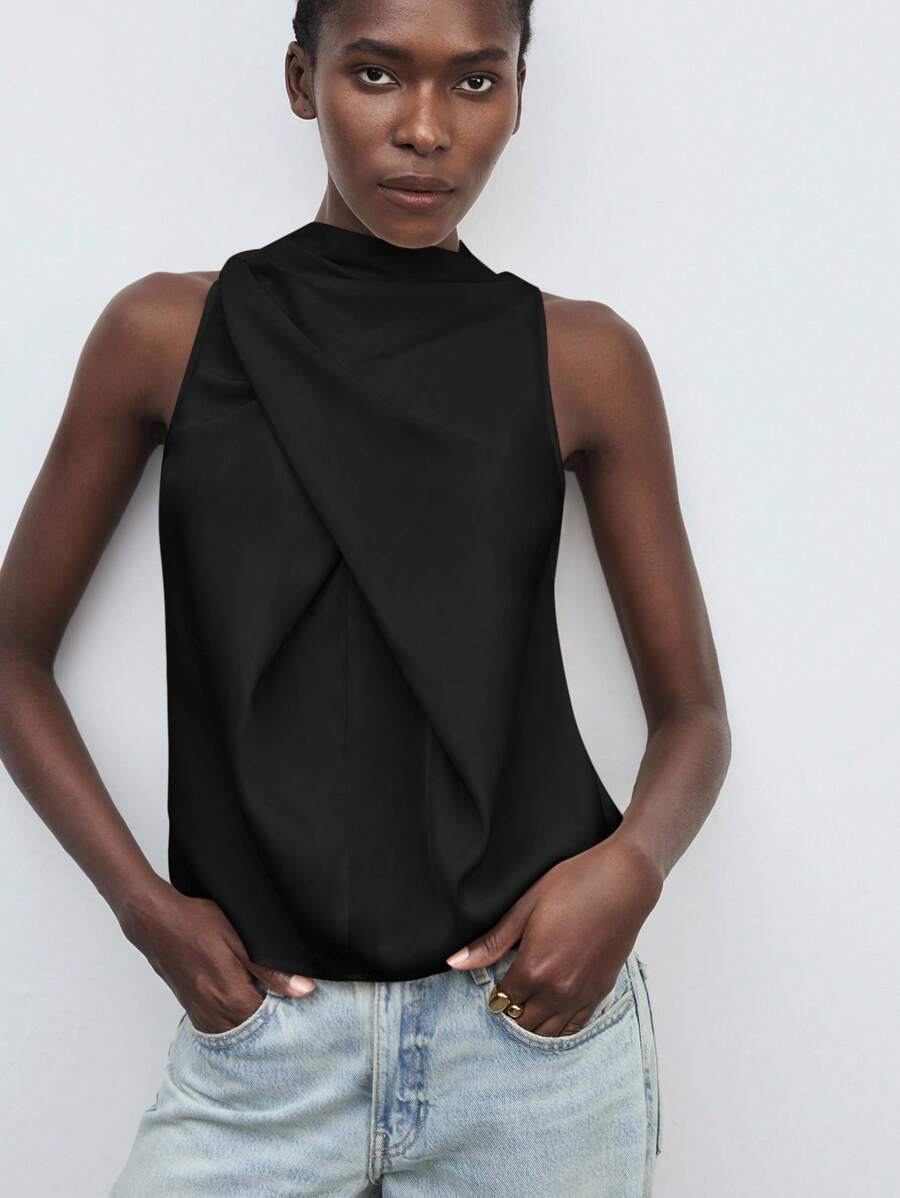 Maija 女士黑色立领褶皱前襟纽扣缎面优雅休闲宽松蝴蝶结无袖上衣，适合度假、办公穿着，不对称复古风格，秋季女装，女士服装，黑色上衣 - 黑色 - 查看 1