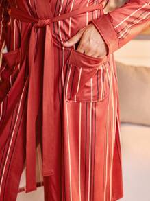 SHEIN Men's Contrast Stripe Dual Pocket Long Sleeve Robe - Multicolor - View 5