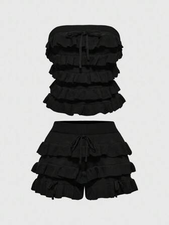 Goth Conjunto de suéter de mujer tejido a mano con volantes estilo pastel en tono oscuro