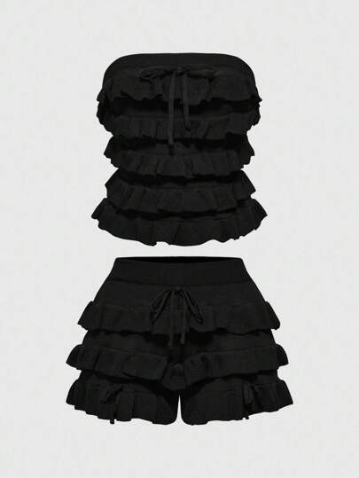 Goth Dark Style Hand-Crocheted Women's Knitted Cake Ruffle Sweater Set