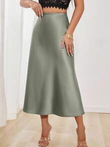 SHEIN PETITE Women's Elegant Versatile Satin Skirt Olive Green Skirt Sage Green Skirt Women's Elegant Versatile Satin Skirt Midi Skirt Elegant Skirt Fall Cloth For Women - Green - View 1