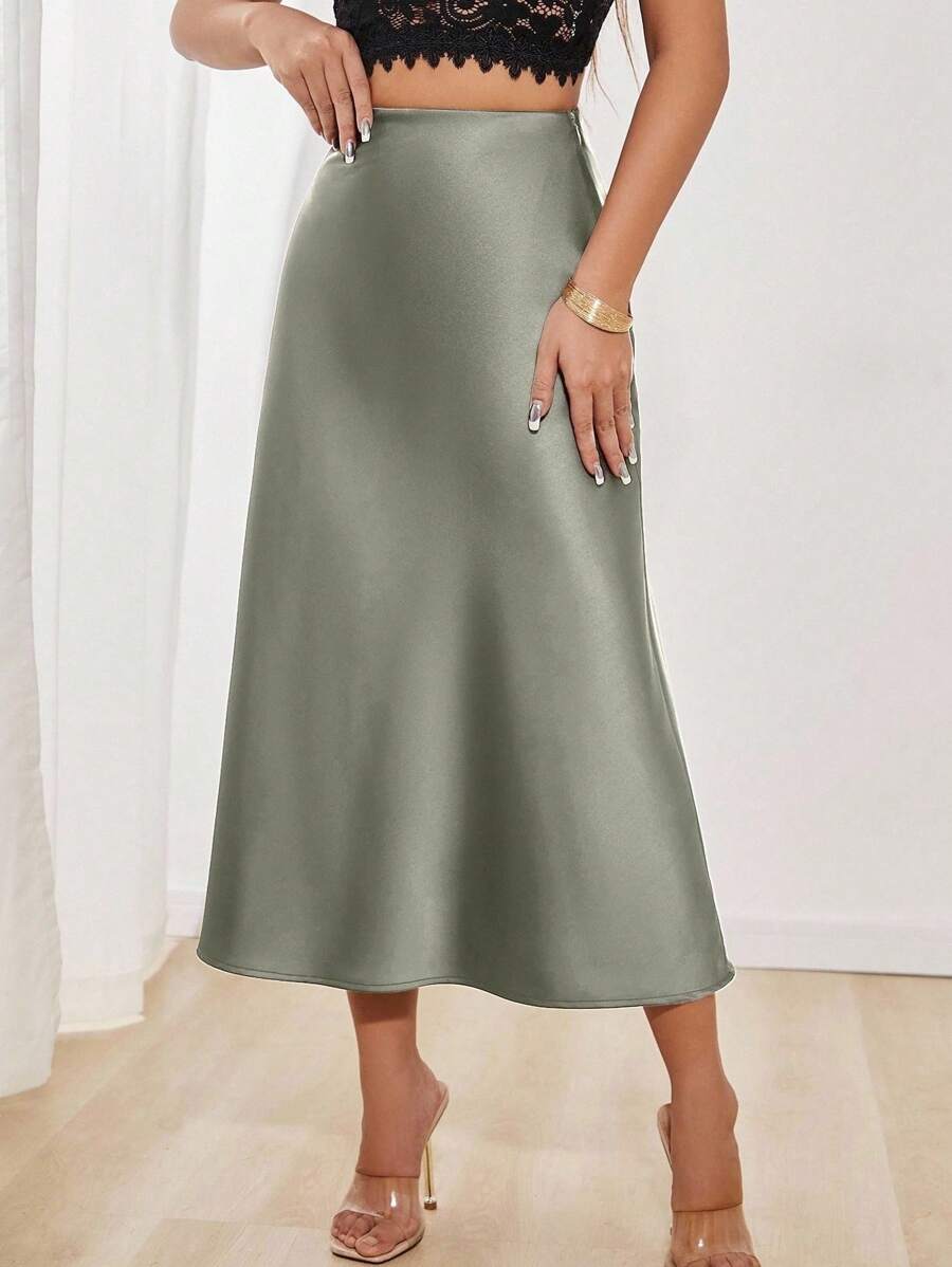 SHEIN PETITE Women's Elegant Versatile Satin Skirt Olive Green Skirt Sage Green Skirt Women's Elegant Versatile Satin Skirt Midi Skirt Elegant Skirt Fall Cloth For Women - Green - View 1