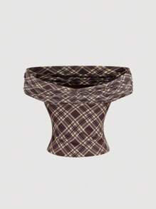 SHEIN MOD 大码女式双面格子短款上衣，百搭复古风格 - 彩色 - 查看 5