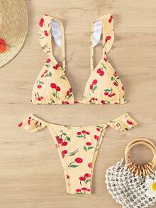 Swim Mod Women's Cherry Print Ruffled Sexy Bikini Swimsuit Set, Summer Beach - Multicolor - View 1