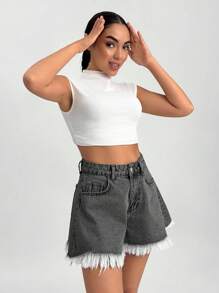 EURMUSE Summer Casual Washed Fringe Hem Wide Leg Denim Shorts - Light Grey - View 4