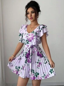 SHEIN Elenzya Ruffle Sleeve V-Neck Cinched Waist Pleated A-Line Floral Print Vacation Elegant Romantic Dress, Purple - Multicolor - View 3