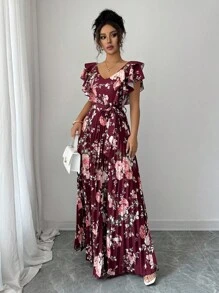 Elenzga Đầm nữ dáng chữ A in họa tiết kỹ thuật số phong cách nghỉ dưỡng nhún bèo eo thanh lịch lãng mạn - Nhiều màu - Xem 5