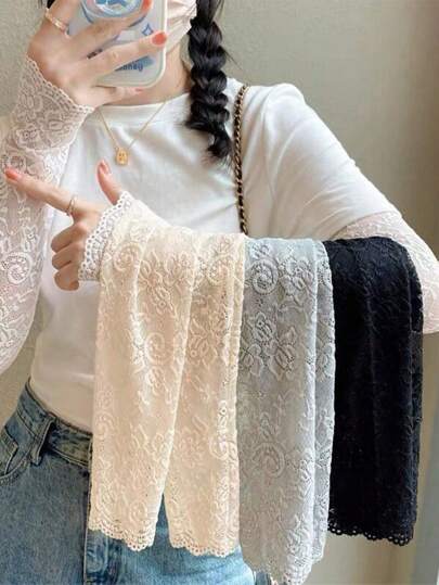 Eleganta spetsärmar för kvinnor - Blommiga broderier med UV-skydd, andningsbara elastiska fingerlösa handskar, sommarmodeaccessoarer, lätta stickade armvärmare för utomhusbruk, bröllop, fest, kontor, fritidskläder, endast handtvätt