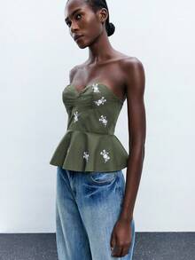 Maija 女士荷叶边印花抹胸上衣，都市通勤商务休闲上衣，办公室穿着，教师必备，秋冬季基础款外套 - 軍綠色 - 查看 5