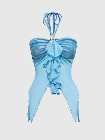 Fairycore Women's Asymmetrical Hemline Halter Top With Ocean Shell Decoration, Summer