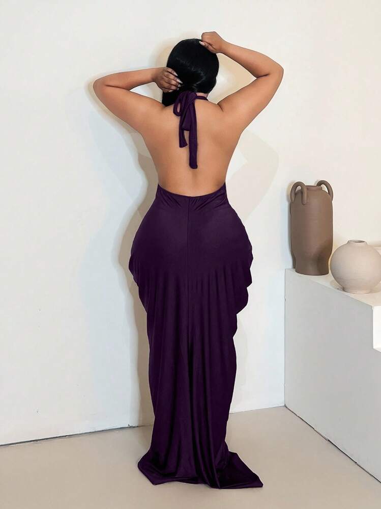 Maweii Plus Size Women's Solid Color Deep V-Neck Backless Ruched Sexy Halter Maxi Dress - Purple - View 2