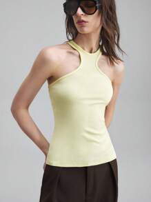 Ontre Top tipo tank de mujer con cuello redondo amarillo crema, corte geométrico, nueva para el verano 2025, elegante y romántica, versátil, de negocios y casual, adecuada para playa, boda, festival de música country, brunch, outfit para aeropuerto, top básico de hombros descubiertos de los 90