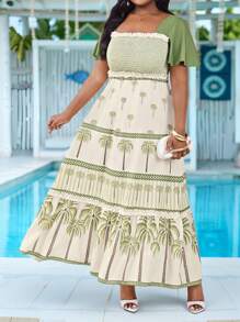 SHEIN Lady Spring, Summer, Autumn And Winter Woven Green Bohemian Print Holiday Print Elastic Top Short Lotus Sleeve Waist Large Swing Plus Size Long Dress   Wedding Guest Dress Women Back To School Fall Women Clothes Teacher Outfits For Women Business Casual Woman Office Outfits For Women Elegant Dresses For Women Work Clothes Women Teacher Vintage Vacation Outfits Women Vacation Boho - Multicolor - View 1