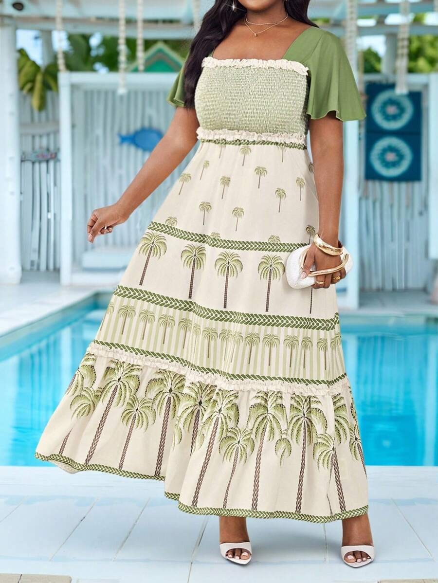 SHEIN Lady Spring, Summer, Autumn And Winter Woven Green Bohemian Print Holiday Print Elastic Top Short Lotus Sleeve Waist Large Swing Plus Size Long Dress   Wedding Guest Dress Women Back To School Fall Women Clothes Teacher Outfits For Women Business Casual Woman Office Outfits For Women Elegant Dresses For Women Work Clothes Women Teacher Vintage Vacation Outfits Women Vacation Boho - Multicolor - View 1
