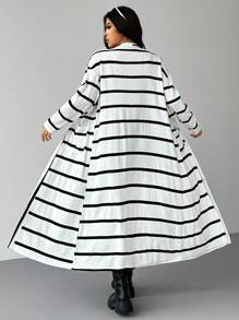 SHEIN EZwear 大码女式条纹落肩长袖双口袋休闲长夹克，秋冬 - 米色 - 查看 2