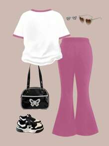 SHEIN 2 件套年轻女孩休闲卡通图案圆领短袖上衣和喇叭裤套装，适合夏季