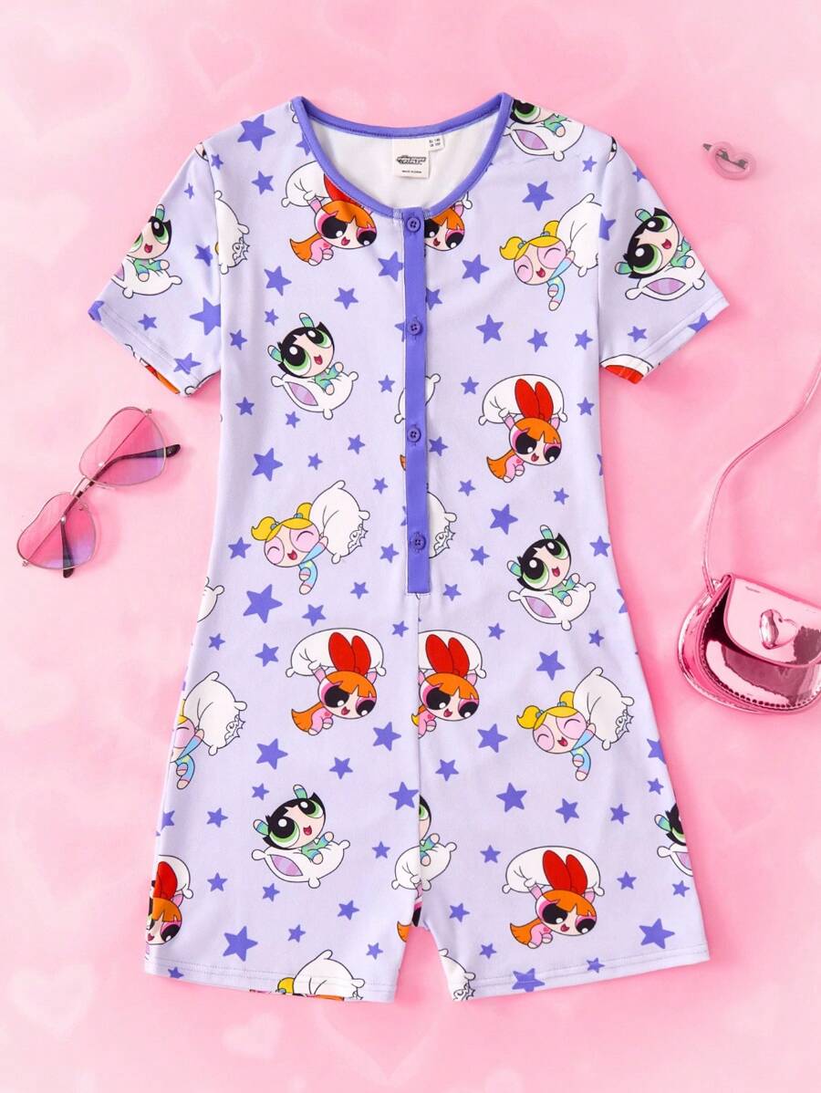THE POWERPUFF GIRLS X SHEIN Tween Girls Cartoon Blossom, Bubbles, Buttercup & Star Print Purple Sweet Summer Breathable Short Sleeve Romper Snug Fit Pajamas - Multicolor - View 1