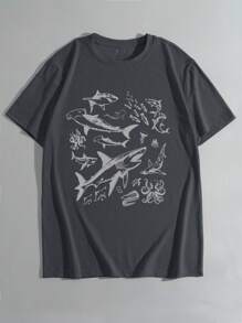 Manfinity Dauomo 男款夏季鯊魚印花圓領休閒短袖T恤 - 深灰色 - 查看 1