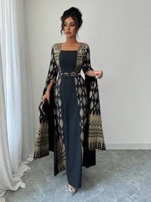 Rafferiza Fashionable, Simple, Elegant And Atmospheric Square-Neck Fairy Long Sleeve Black And Gold Hot Stamping Printed Long Skirt, Spring And Autumn Fall Cloth For Women - Black - View 4