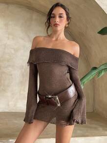 Aloruh Vestido de suéter ajustado con hombros descubiertos, cuello con volantes y mangas acampanadas, para mujer, para primavera/verano y otoño/invierno - Café integral - Ver 4