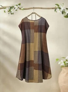 Rusticease Plus Size Plaid Crew Neck Sleeveless Casual Linen Short Dress Summer Outfits Vacation Outfits Woman Country Outfits Women Spring Outfits For Women Summer Outfits For Women Boho Women Clothing