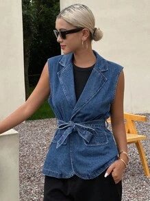 DAZY 女式V领系腰无袖牛仔衬衫 - 藍色 - 查看 5