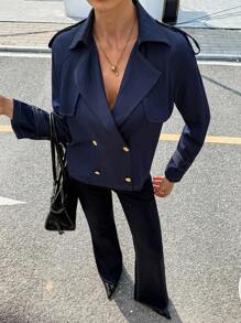 Siren Gaze Bộ quần short denim và áo khoác trench coat mới cho nữ mùa thu - Màu xanh hải quân - Xem 1
