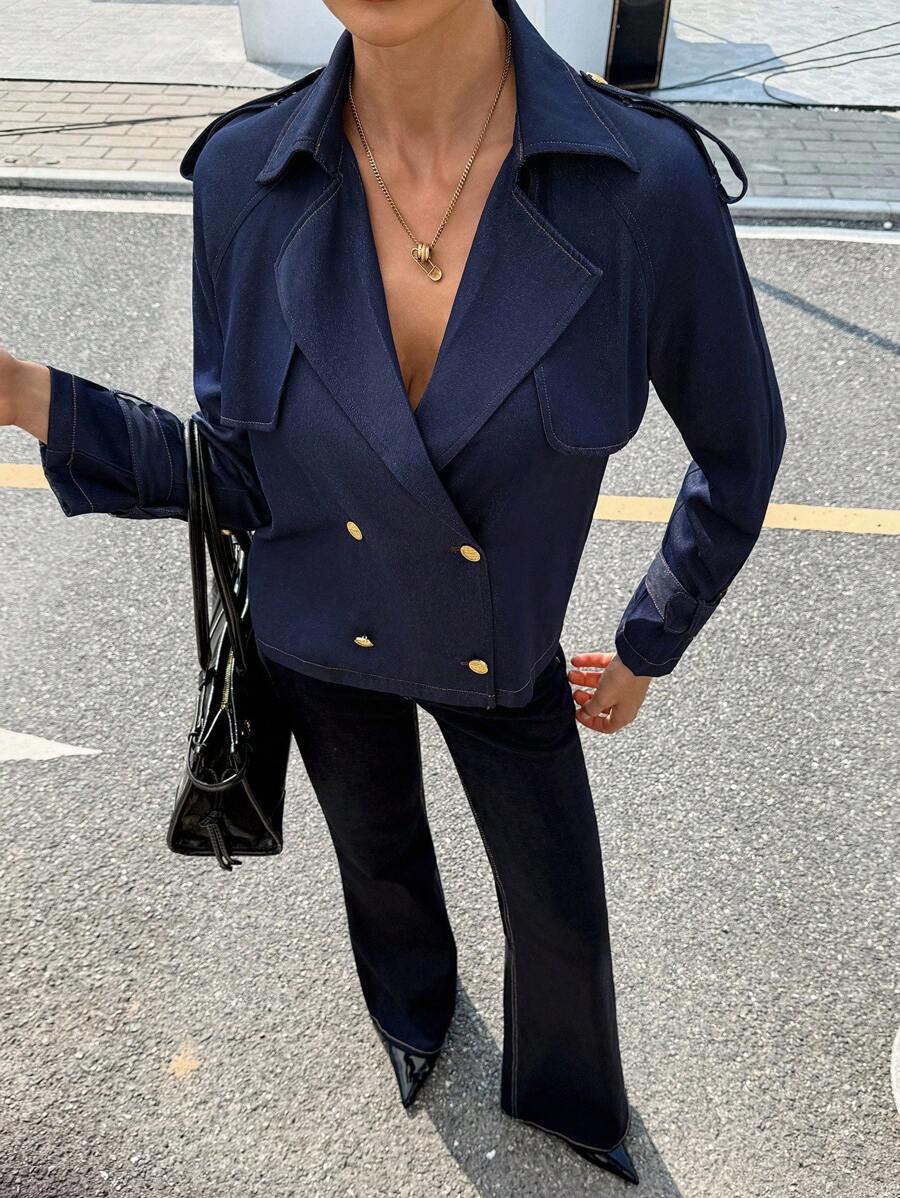 Siren Gaze Bộ quần short denim và áo khoác trench coat mới cho nữ mùa thu - Màu xanh hải quân - Xem 1