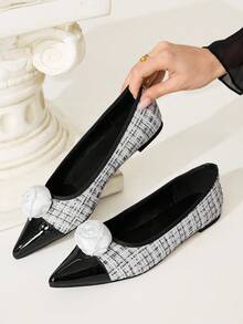 CUCCOO CHICEST Women's Flat Slip-On Shoes, Pointed Toe, Multi-Color Pearl Rose Flower Design, Elegant Outdoor Flats - Black and White - View 6