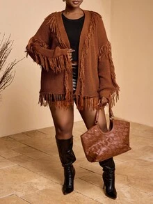 Veslaya 2025 Nuovo Cardigan in maglia marrone con frange, stile college/casual business/stile occidentale/abbigliamento da ufficio/casual da strada/vacanza in città/laurea/vacanza elegante/festa/Giorno dell'Indipendenza/moda di base per uso esterno e sociale, taglie comode per donne taglia forte, Autunno/Inverno - Castano - Visualizzare 5