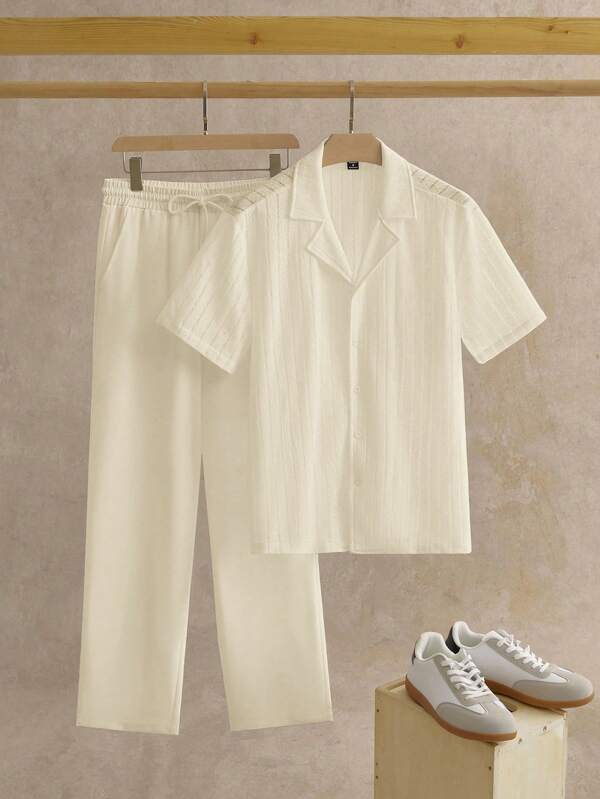 HIMLAND Set de 2 piezas de camisa de manga corta y pantalones casuales de corte slim con diseño calado para hombre