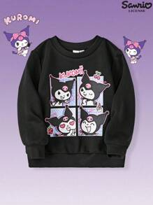 HELLO KITTY AND FRIENDS | SHEIN Young Girl Casual Cartoon Puzzle Print Black Pullover Sweatshirt, Versatile For Spring & Autumn Fall Winter - Black - View 1