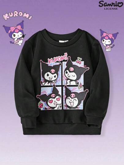 HELLO KITTY AND FRIENDS | SHEIN Ung flicka avslappnad tecknad pusseltryck svart pullover, mångsidig för vår och höst