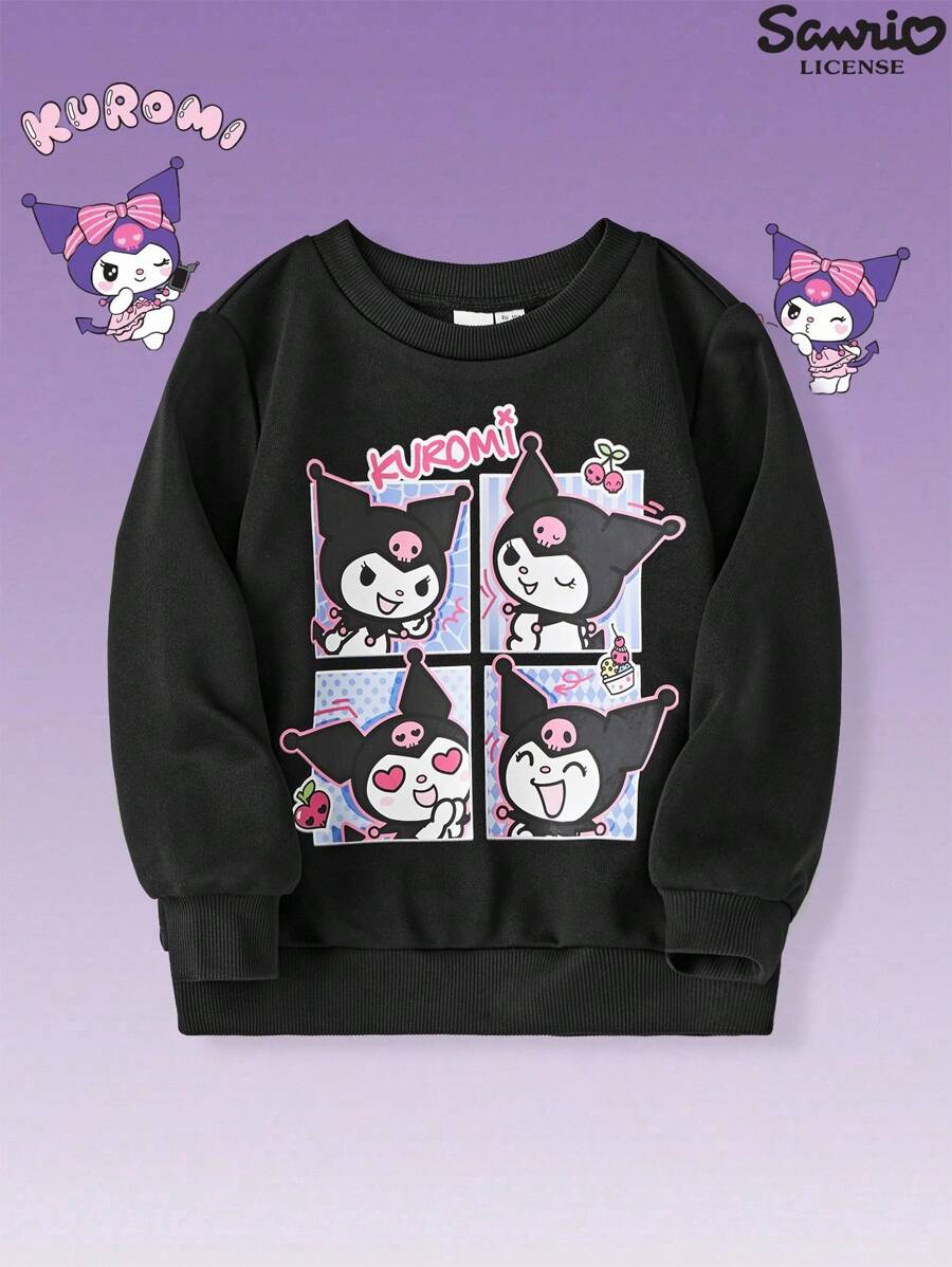 HELLO KITTY AND FRIENDS | SHEIN Young Girl Casual Cartoon Puzzle Print Black Pullover Sweatshirt, Versatile For Spring & Autumn Fall Winter - Black - View 1
